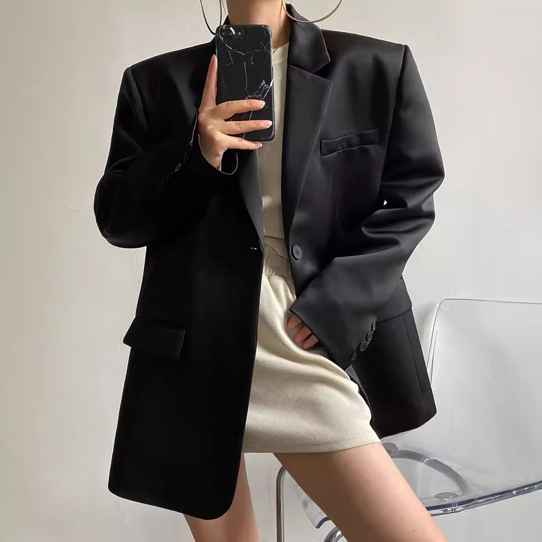 英国george melis缎面光泽感小西装外套女春秋一粒扣垫肩西服
