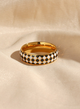 英国george melis欧美轻奢时尚流行指环女镀18k金黑白格子滴油细