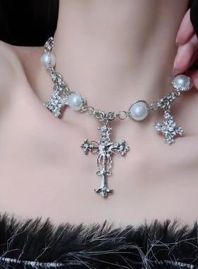 法国topwhit甜酷辣妹镶钻拼接珍珠项链女朋克复古小众时尚个性