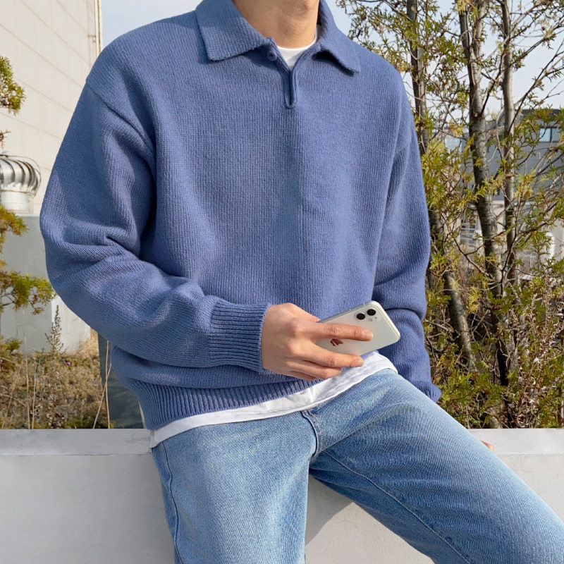 英国george melis毛衣男秋冬季潮流翻领宽松翻领线衣慵懒风polo