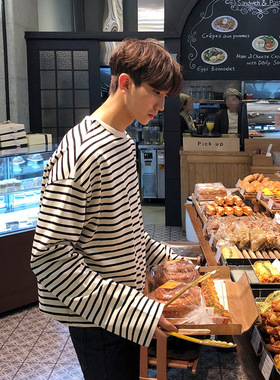 英国george melis老钱风男士长袖t恤休闲宽松条纹上衣学生百搭