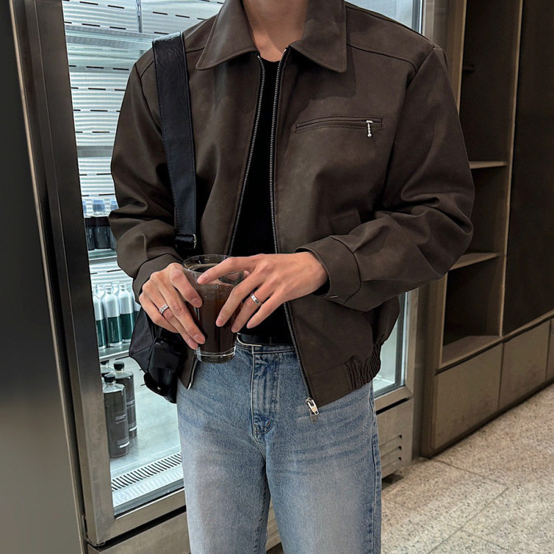 英国george melis美式复古短款皮衣男秋季宽松翻领皮夹克潮流
