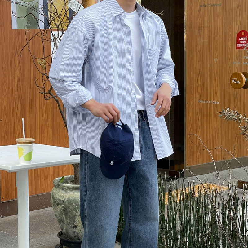 英国george melis日系百搭条纹衬衫男春季新款宽松休闲长袖衬衣