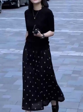 英国george melis夏季新法式简约圆领短袖t恤高腰波点半身裙女