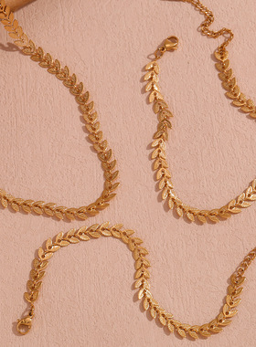 英国george melis欧美简约小众钛钢手链脚链套装镀18k金树叶鱼尾