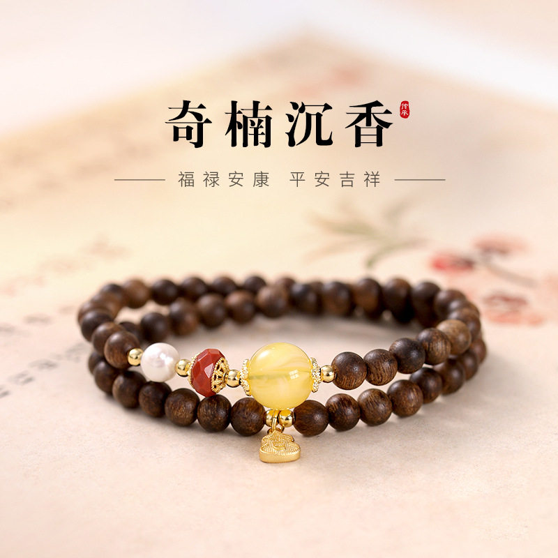 日系设计师topwhit新款绿棋楠沉香木手串女款复古民族风佛珠手链
