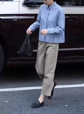 英国george melis春季新洋气减龄长袖蓝条纹衬衫休闲九分裤女