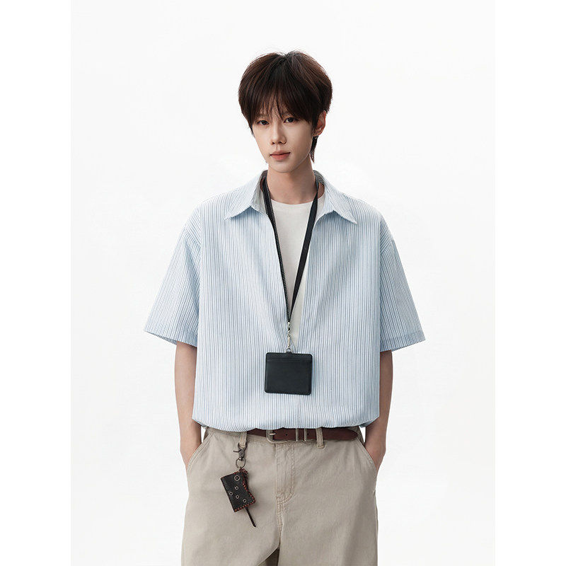 浅蓝色假两件衬衫男款春季韩系慵懒风设计感条纹衬衣情侣休闲外套