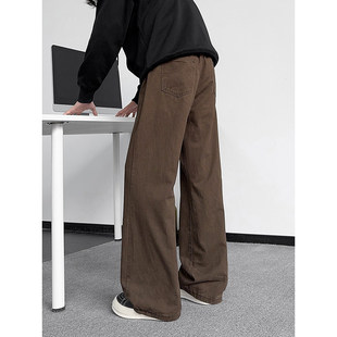 美式复古咖色斜切弯刀牛仔裤男款潮牌伐木工装裤子vibe直筒微喇裤