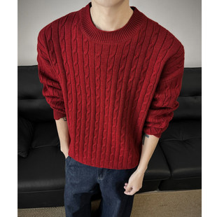 安可拉红色圆领麻花纹针织毛衣内搭男款秋冬打底衫红色针织衫上衣