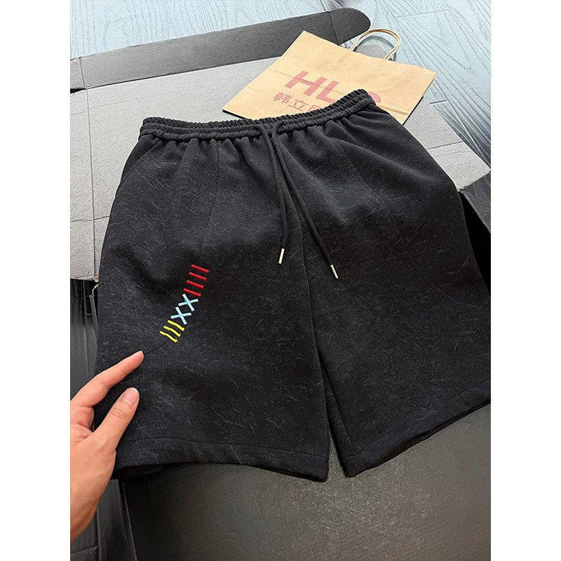 美式刺绣休闲短裤男款夏季潮牌设计感扎染卫裤宽松痞帅五分中裤子