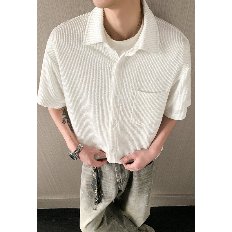 休闲薄款条纹短袖衬衫男夏季拼接设计半袖衬衣青少年宽松大码外套