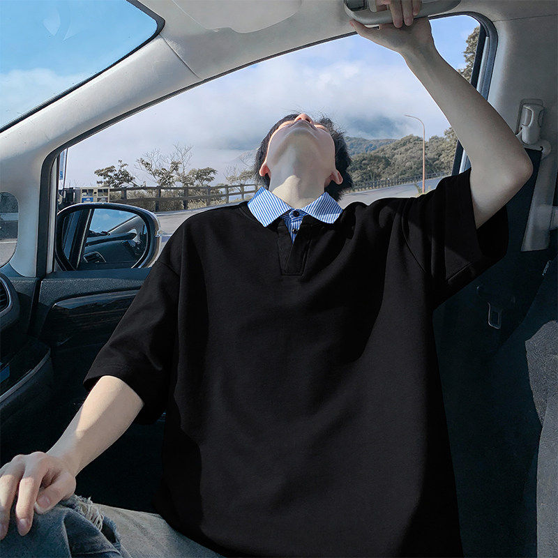 假两件衬衫领短袖t恤男ins夏季加肥大码潮胖人宽松痞帅半袖polo衫