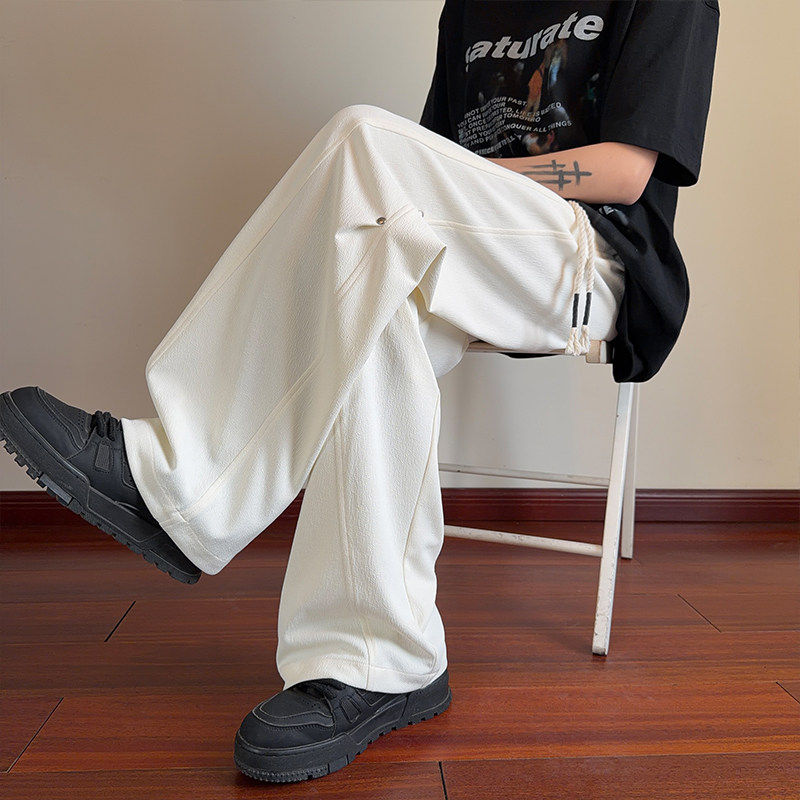 纹理感褶皱弯刀裤子男款春季宽松直筒休闲长裤潮牌美式阔腿运动裤