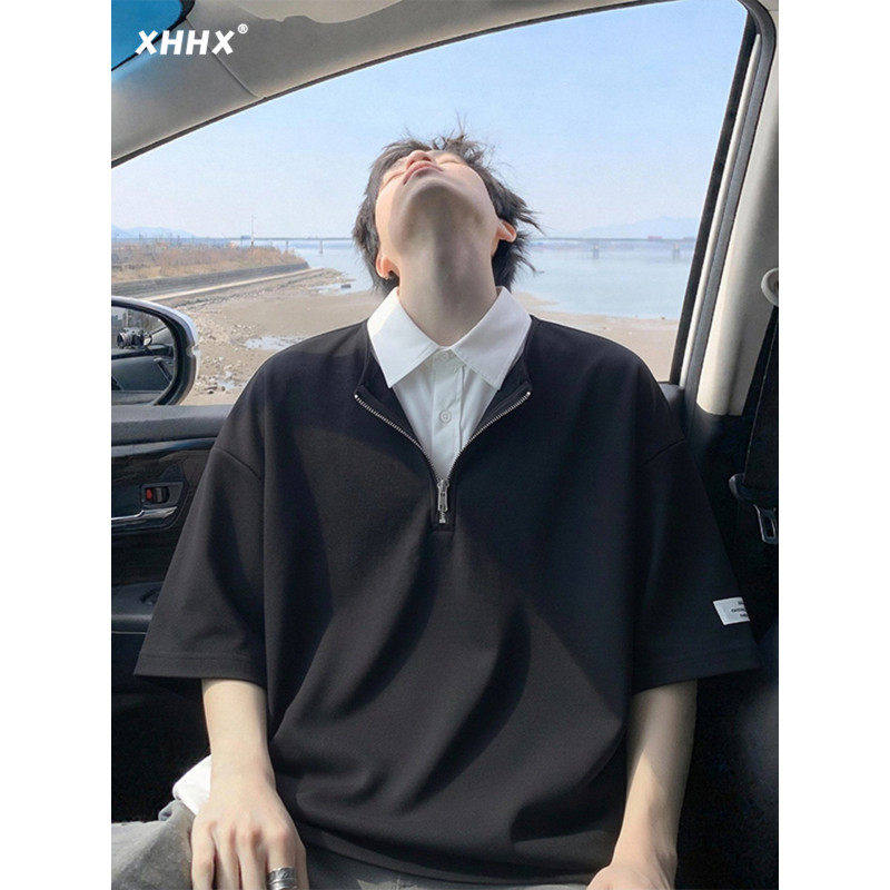 少年感穿搭白色假两件正肩短袖男款POLO衫夏季高级感翻领T恤半袖