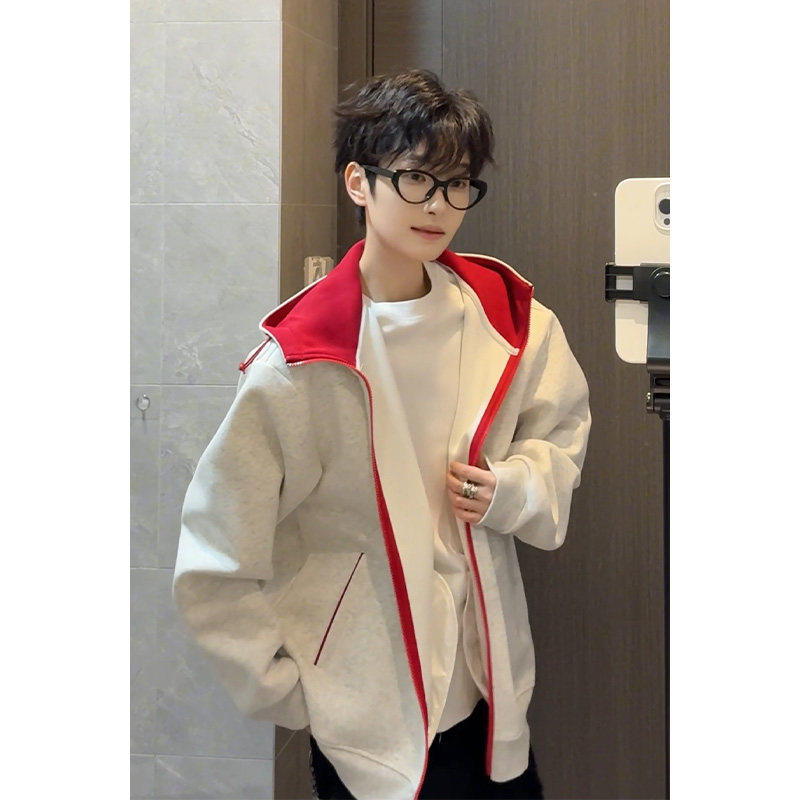 花灰色拼色连帽卫衣开衫男款2026春秋季新款重磅情侣外套硬挺夹克