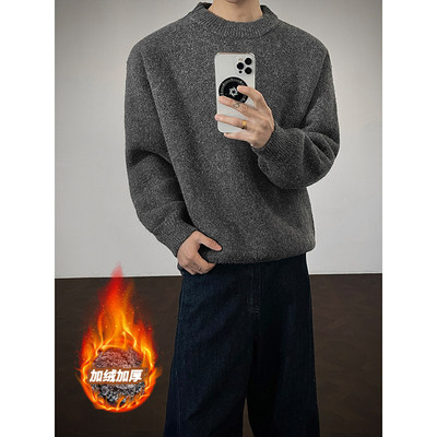 美式慵懒风圆领毛衣男款冬季加绒
