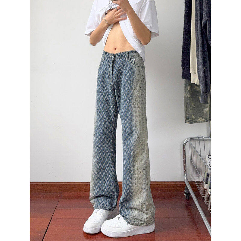 复古蓝色扎染编织牛仔裤男款宽松显高百搭裤子cleanfit直筒微喇裤