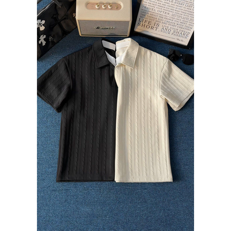 重磅解构翻领T恤白花灰美式正肩短袖polo衫男夏季青少年运动半袖