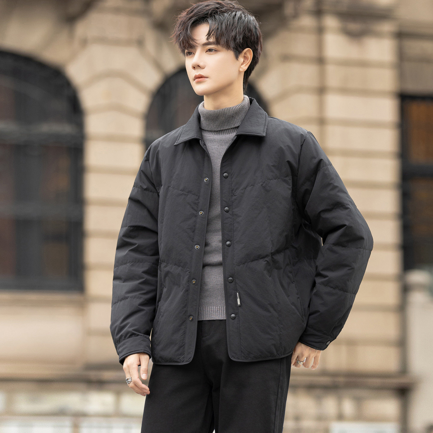 冬季鸭绒痞帅拼接翻领羽绒服外套男士轻薄潮流短款高级感保暖夹克