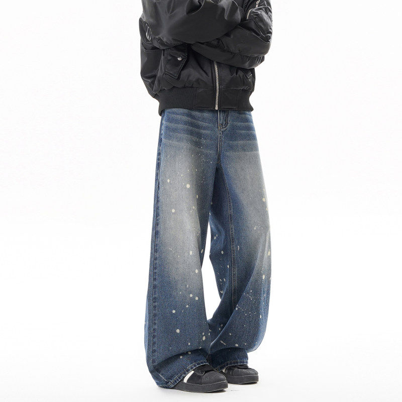 牛仔裤男款2026春季新款美式高街宽松直筒阔腿喷墨暗黑青少年裤子
