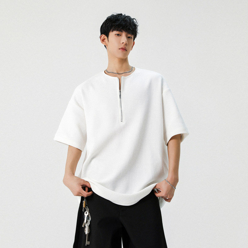 夏季老钱风穿搭cleanfit半拉链亨利领华夫格短袖男款痞帅正肩t恤