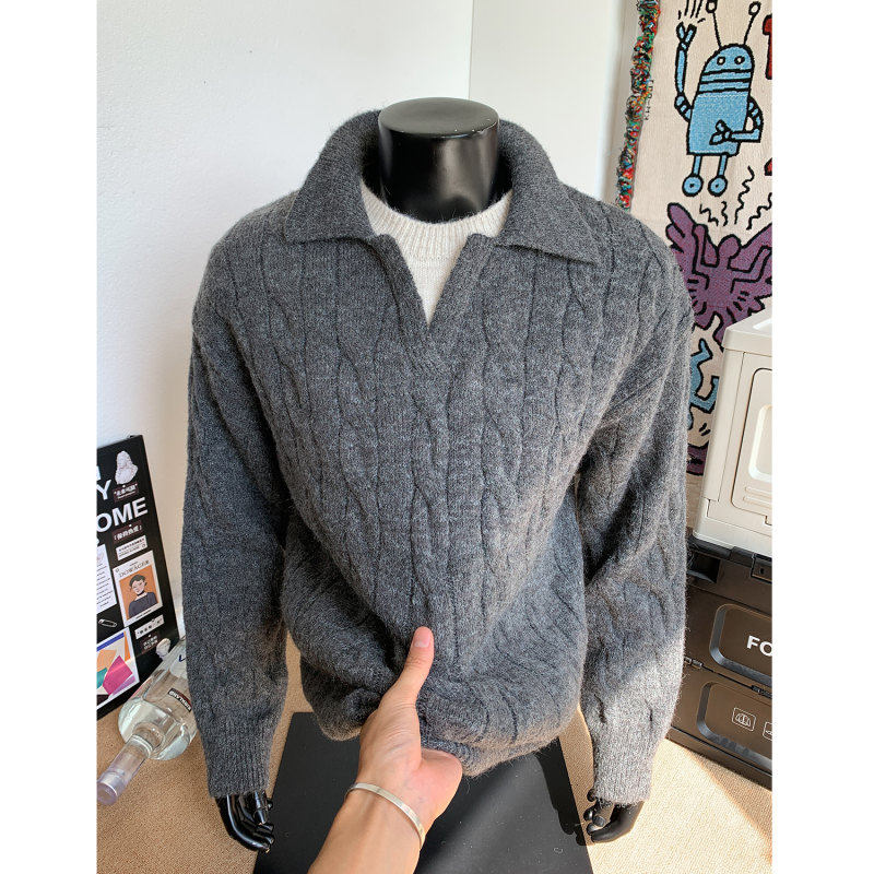慵懒风海鸥领灰色麻花绞纹polo毛衣男款秋季针织衫高级感痞帅线衫