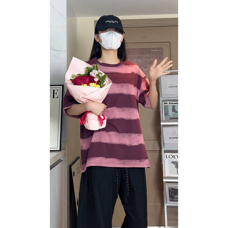 扎染条纹短袖t恤男夏季潮流宽松半袖体恤青少年美式复古帅气上衣