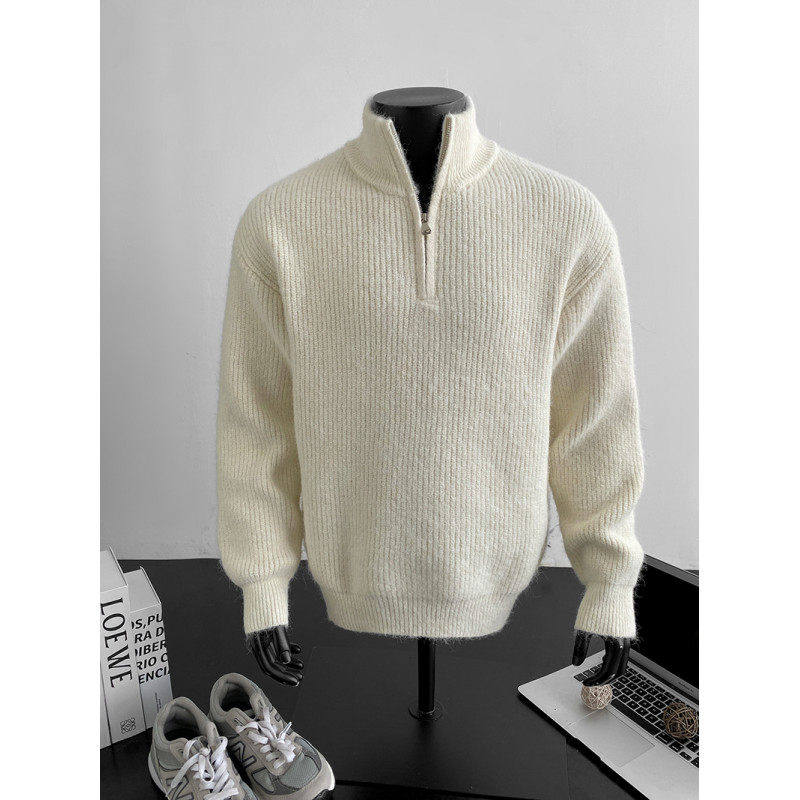 美式半拉链开衫毛衣男春季重磅保暖简约上衣内搭宽松休闲针织衫男