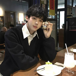 boxy学院风痞帅长袖 套头黑色短款 上衣 领卫衣男春季 假两件条纹衬衫