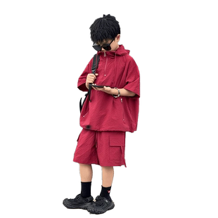 男童夏季连帽短袖套装2025新款儿童红色夏装小男孩童装宝宝衣服潮
