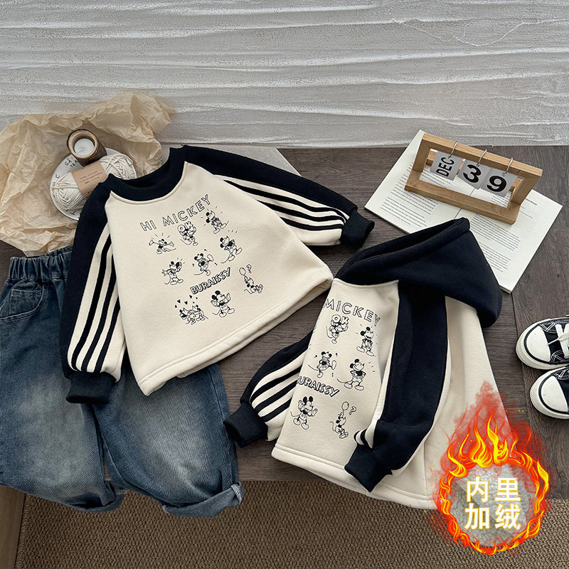 儿童卡通风米奇印花连帽卫衣2025新款男女撞色条纹插肩袖加绒上衣