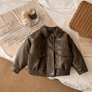 韩版翻领皮夹克2025新款男女宝宝纯色短款百搭外套中性风童装潮