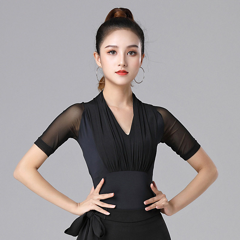 专业拉丁舞连体上衣女新款网纱中长袖交谊国标摩登舞比赛舞蹈练功