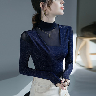 高端拉丁舞上衣新款长袖高领网纱国标舞衣跳交谊摩登练功服女舞蹈