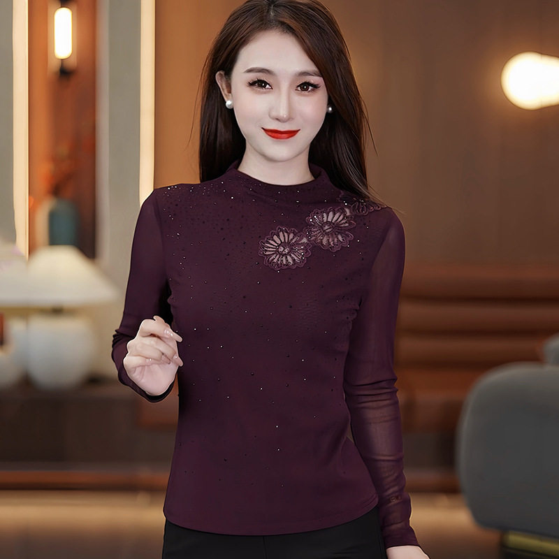 半高领烫钻拉丁舞服2026新款交谊舞上衣女长袖网纱摩登国标练功服
