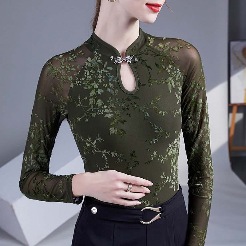 印花网纱旗袍领拉丁打底衫练功服