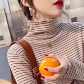 t恤上衣服 显瘦条纹内搭长袖 半高领德绒打底衫 女秋冬加绒加厚修身