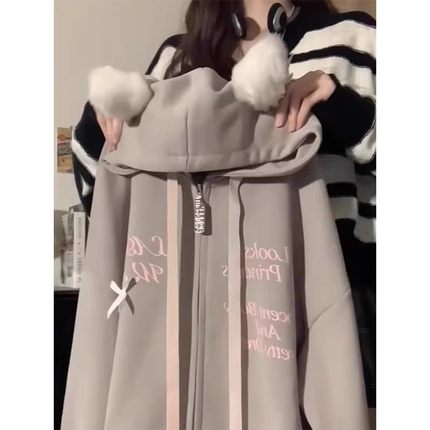 猫咪耳朵薄款连帽卫衣女春秋2025新款oversize宽松开衫慵懒风外套