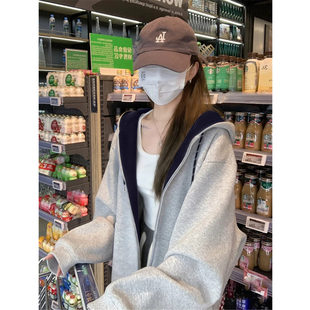韩系撞色连帽卫衣女春秋oversize薄款外套chic宽松慵懒风开衫上衣
