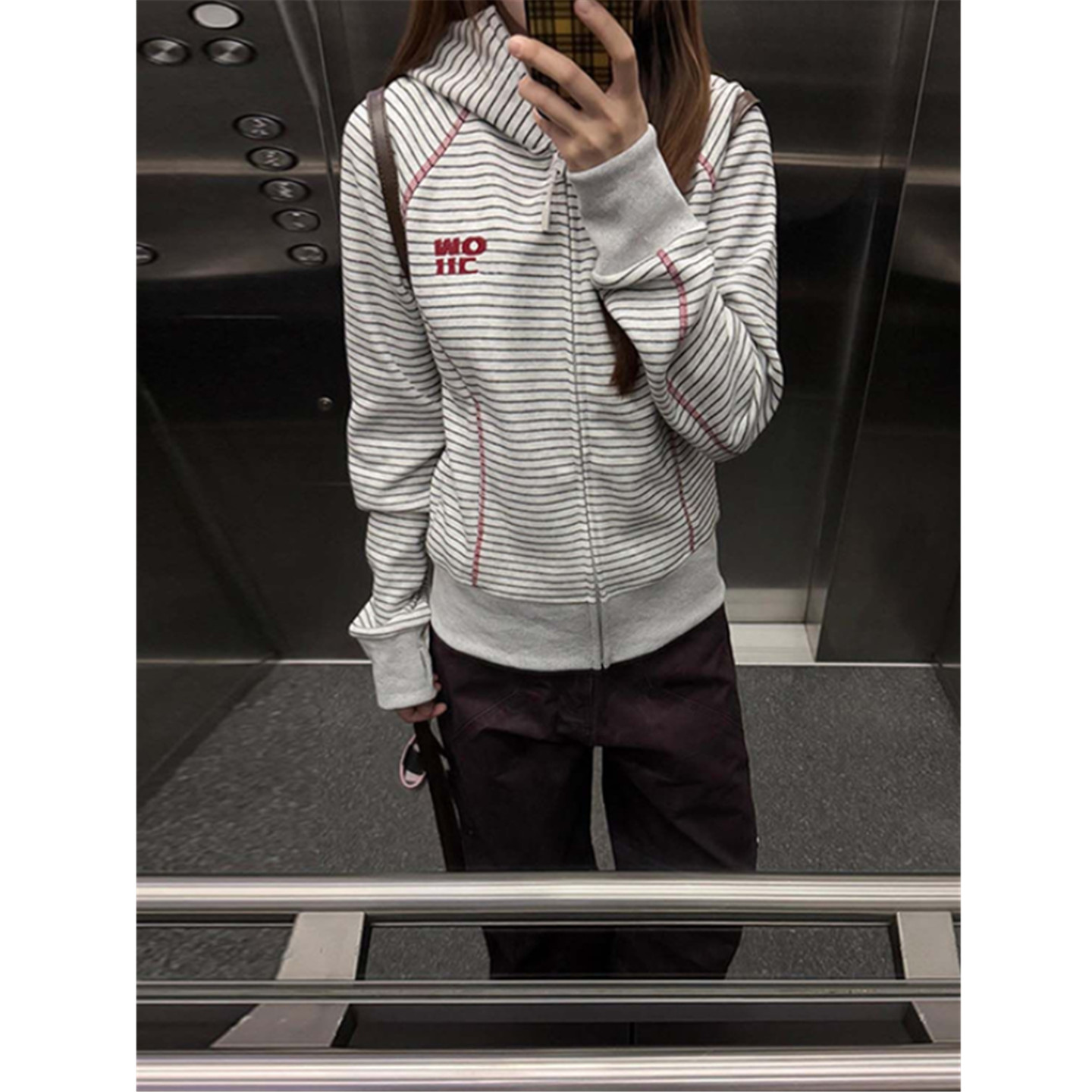 韩系短款收腰哈苏线条纹运动连帽开衫卫衣外套女春秋情侣上衣夹克