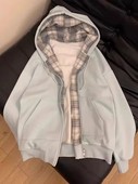 格子拼接连帽卫衣女秋冬oversize加绒加厚外套宽松慵懒风开衫 上衣