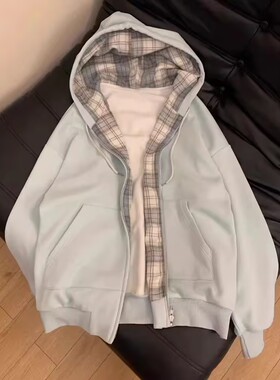 格子拼接连帽卫衣女春秋oversize薄款外套宽松慵懒风拉链开衫上衣