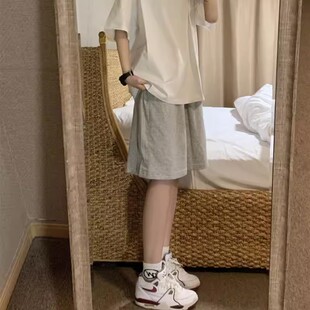 运动短裤 休闲阔腿五分裤 女夏季 宽松灰色直筒中裤 子ins潮 薄款 美式