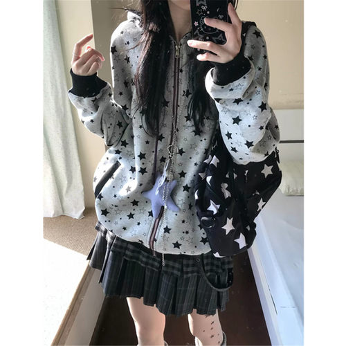 星星满印连帽卫衣女宽松开衫外套