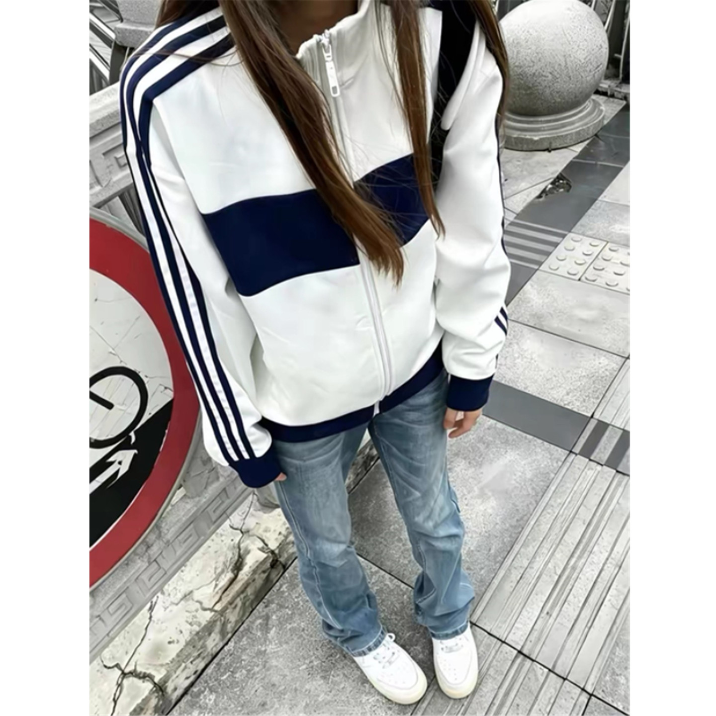 撞色条纹立领卫衣女宽松开衫外套图片
