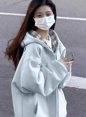韩系格子连帽卫衣女春秋设计感小众oversize薄款外套宽松慵懒开衫