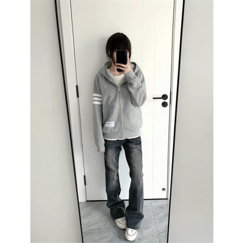 条纹连帽卫衣女宽松拉链开衫外套