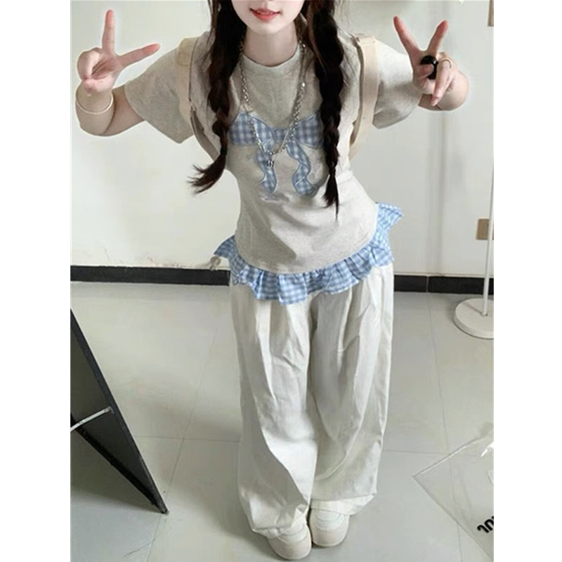 格纹花边短袖t恤女修身短款上衣