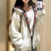 美式 复古格子连帽卫衣女秋冬oversize加绒加厚外套宽松慵懒风开衫